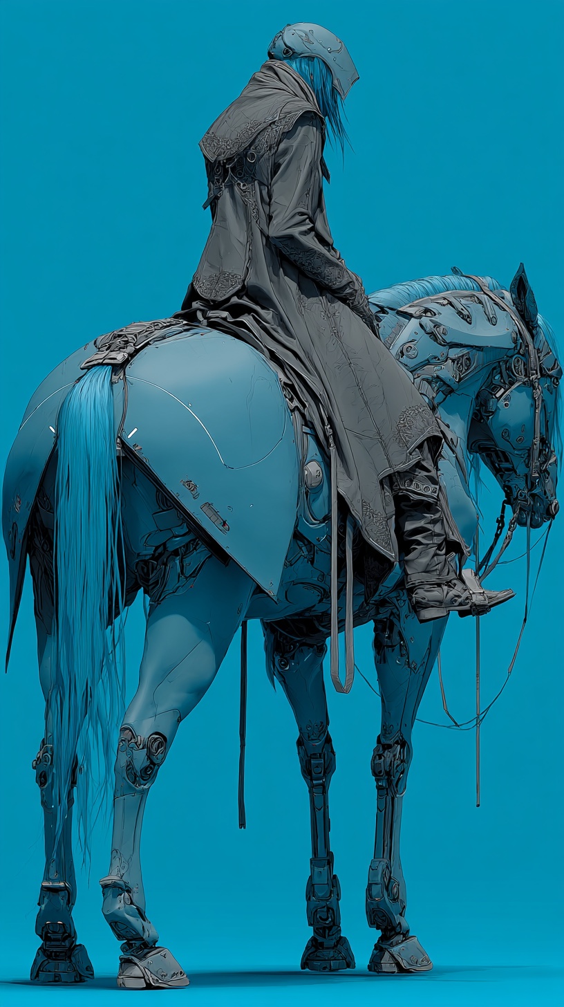 Fude as a cybernetic warhorse seen in side profile, with Kudo riding in a long dark coat and helmet. The horse's pale teal mane and tail stream long, the rider's hair the same colour. A flat cyan field behind them — riding inside CYBELYSIA, just before they turn outward.