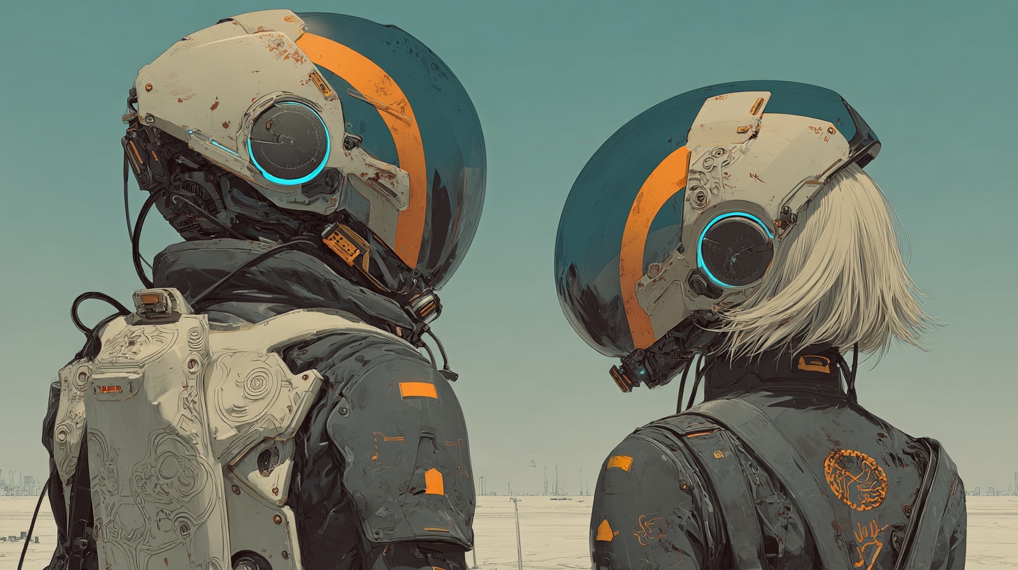 Kudo and Fude on Basalt, both in dark cybernetic armor with orange-striped helmets and circular cyan visor lights — seen from behind, facing the wide horizon of the basalt plain, a faint city receding in the distance. The moment after the cube has transferred them across.