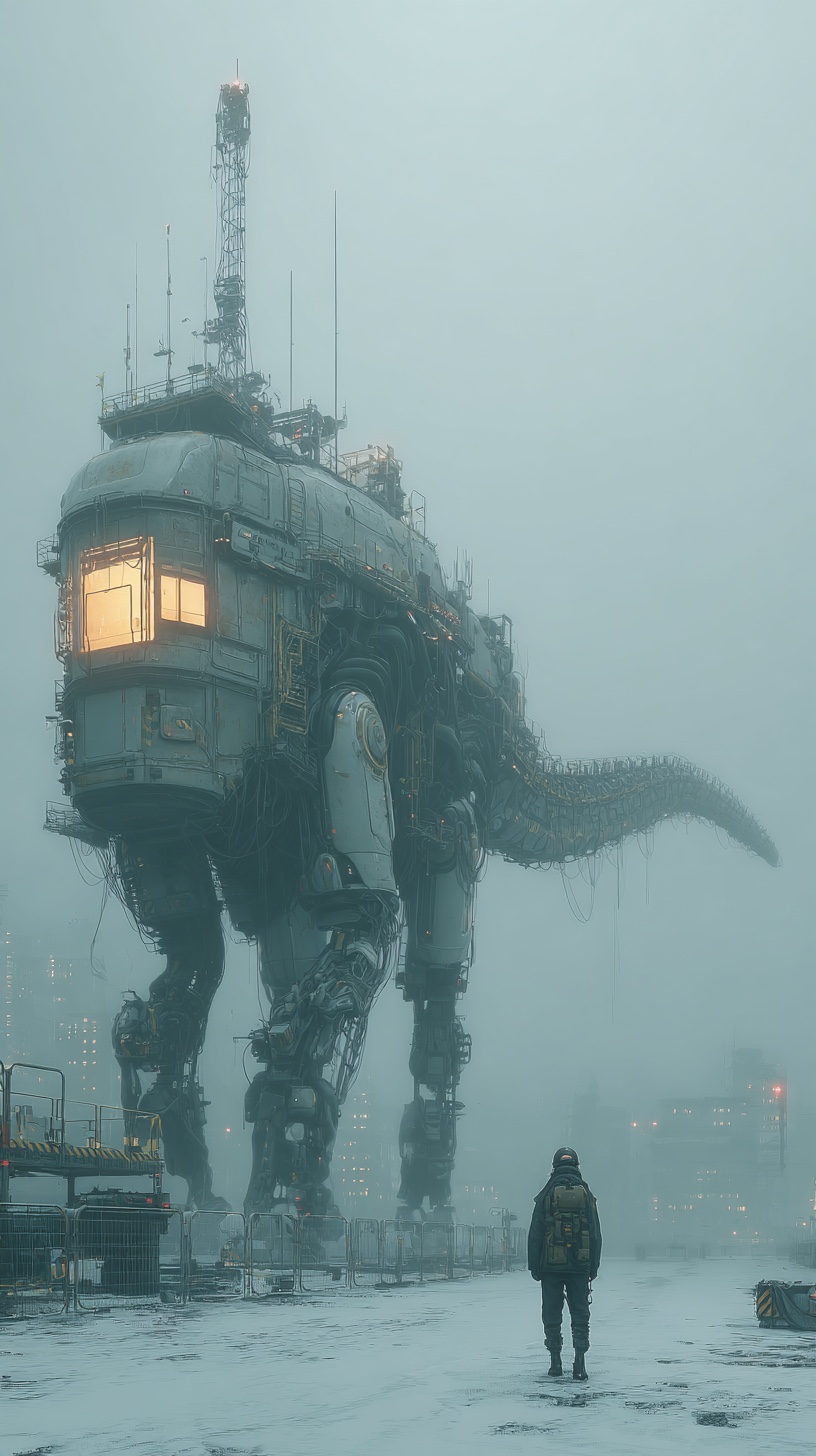 A gigantic abandoned Pioneer rising out of cold mist — construction-machinery and dinosaur in scale combined, mechanical tail trailing behind, a single warm amber light glowing from its cabin window high above. A small human figure stands before it on a basalt plain, the faint city of CYBELYSIA receding into the fog behind.