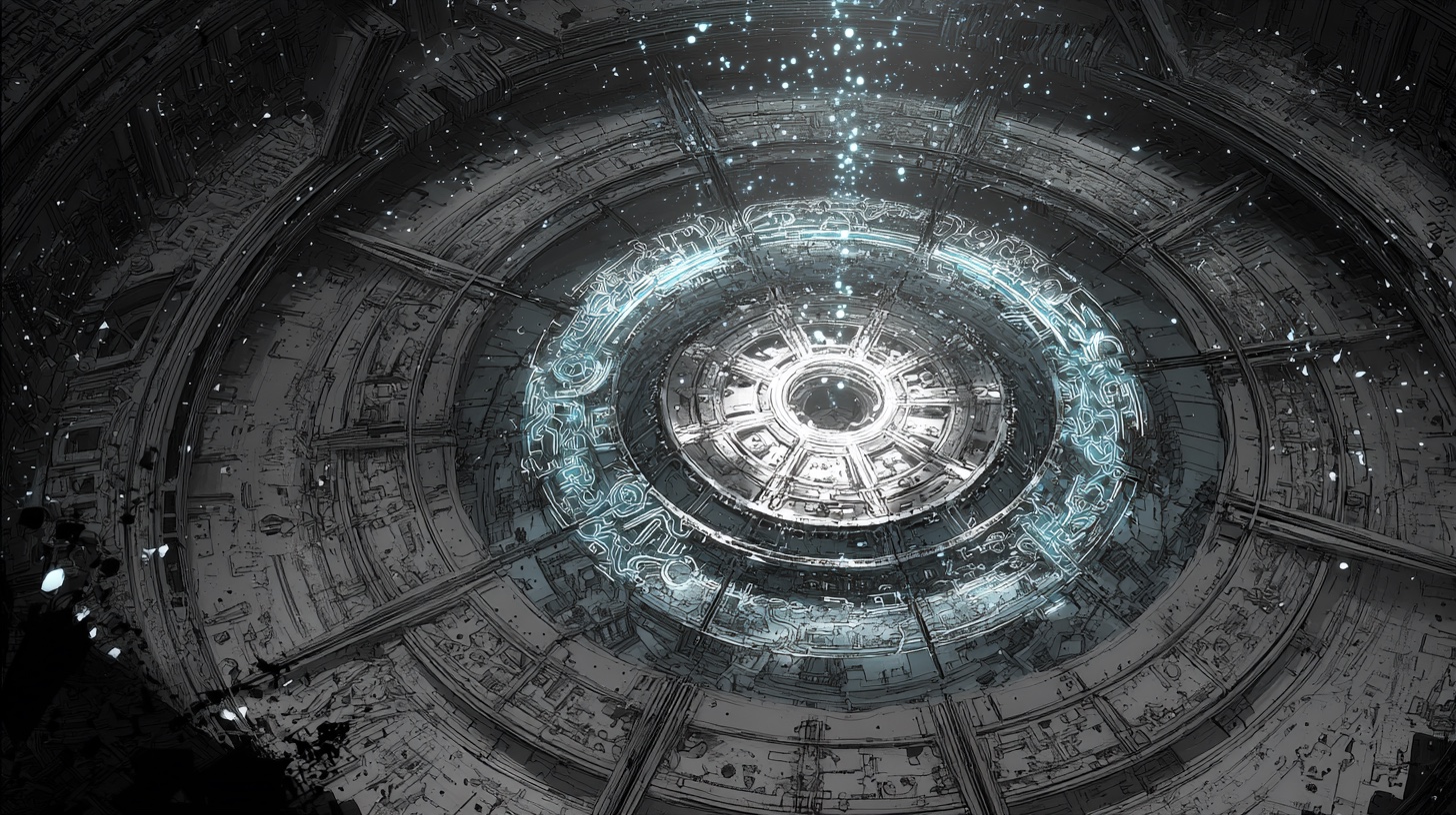 A colossal circular gate seen from far above — concentric brutalist rings inscribed with cyan-lit sigils, particles of light streaming up from its centre into the dark sky. The structure is too vast for the frame to contain its edges. Kaiten.