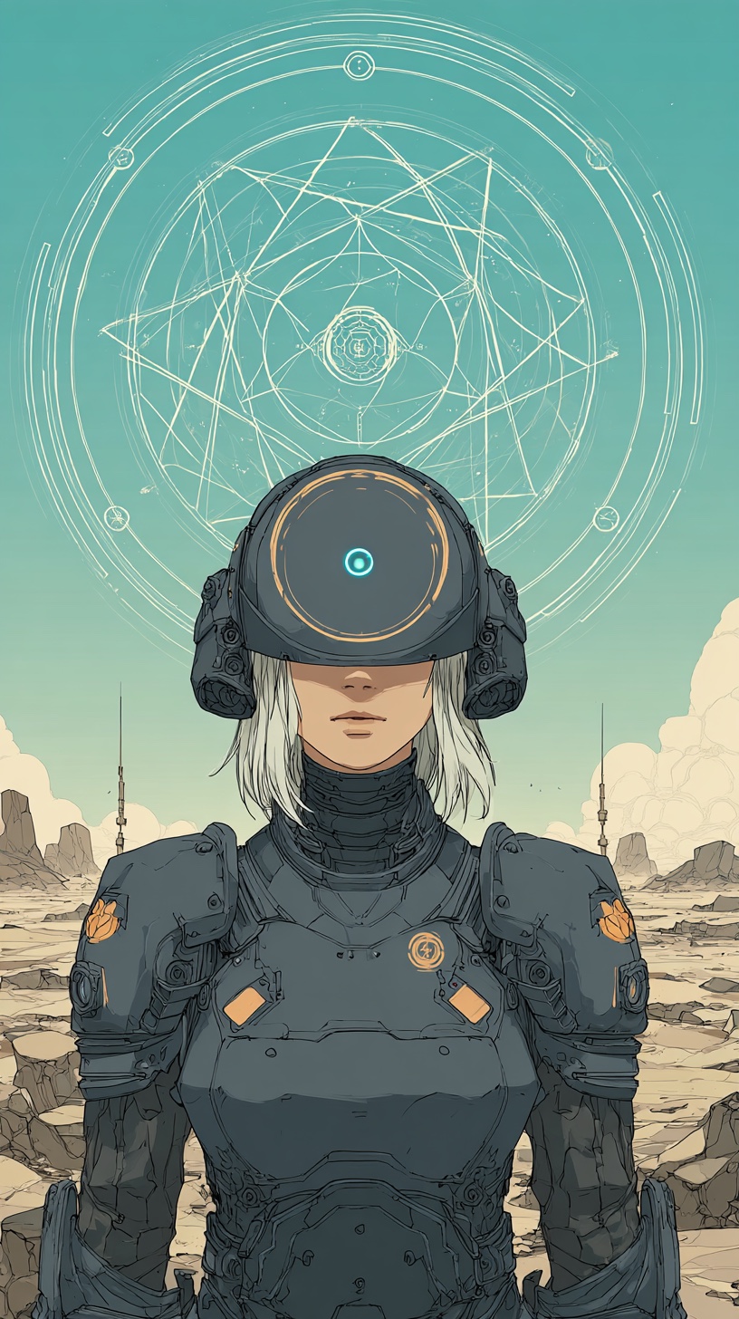 Fude in female humanoid form, standing on a basalt plain — dark cybernetic armor and an orange-rimmed helmet visor with a single cyan light. Behind her in a pale teal sky, the faint white lines of a magic-circle sigil emerge, the gate's energy reaching her even at this distance.