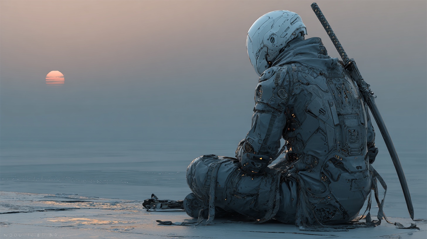 Kudo seated alone on a frozen plain at dusk, white-helmeted in cybernetic armor, a katana strapped across his back. A pale sun is setting low at the horizon — a quiet moment on the way back, the body catching up to the ride.