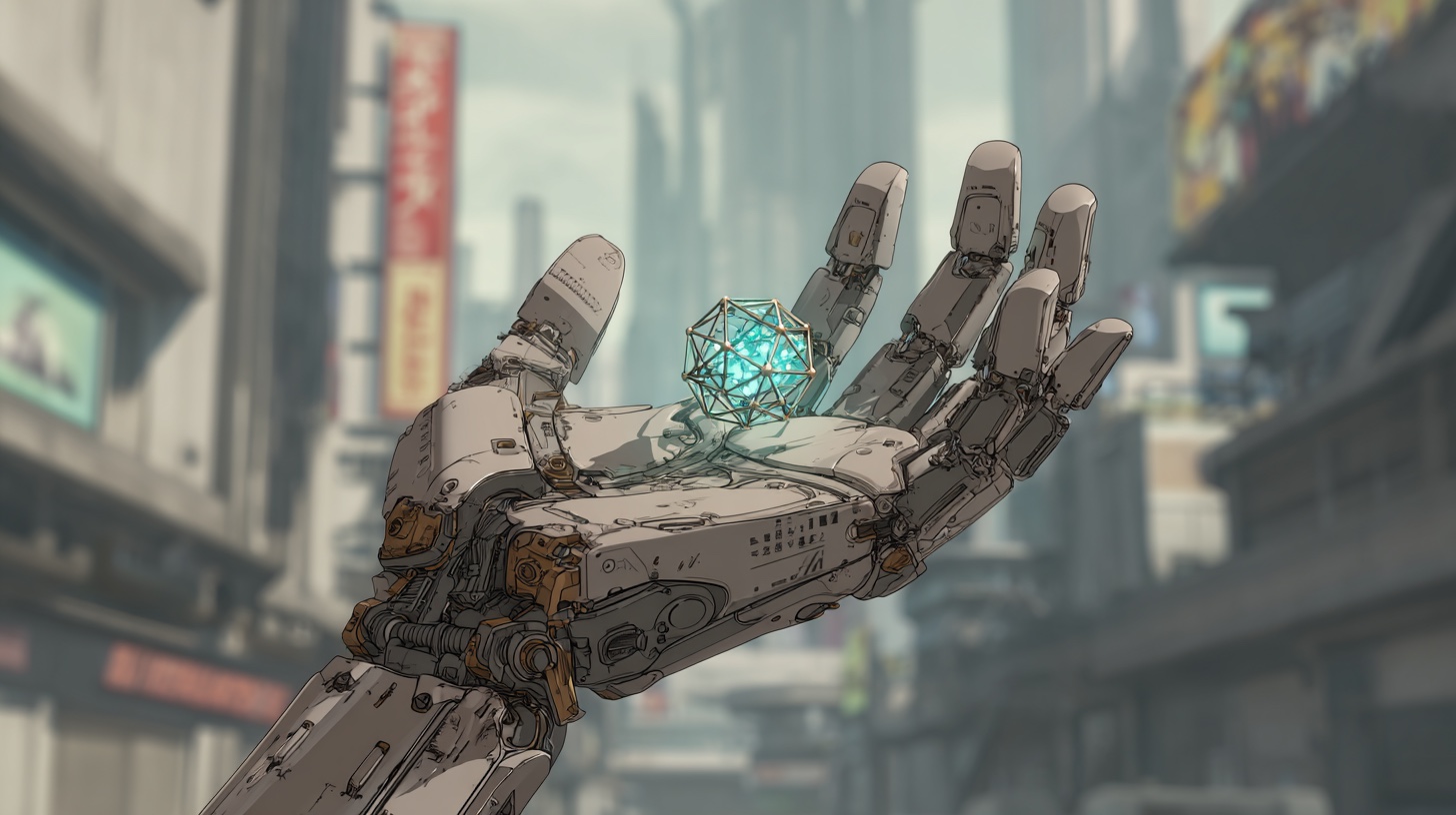 A cybernetic palm held open, a small geodesic crystal of pale cyan light resting on the metal — the Milli-Kaiten. The streets of CYBELYSIA blur into the background, signs and buildings hazy in afternoon light.